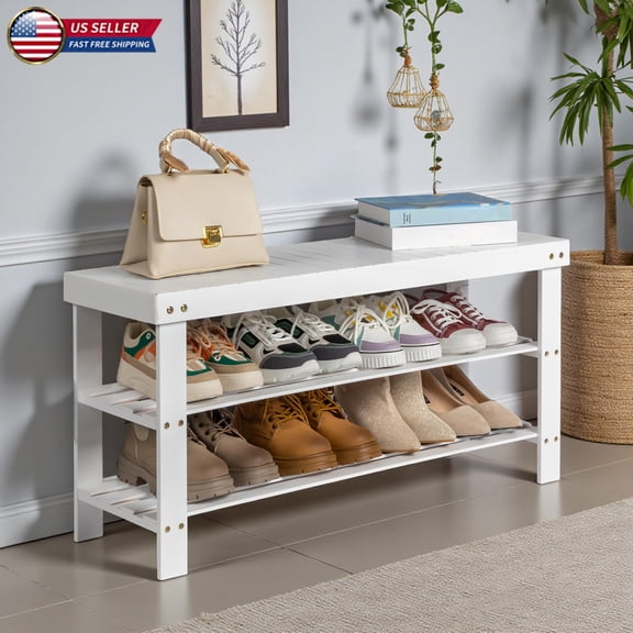Hassch 3-Tier Bamboo Shoe Rack Bench, 35.4" Entryway Storage Organizer in White - Space-Saving Design, Easy Assembly