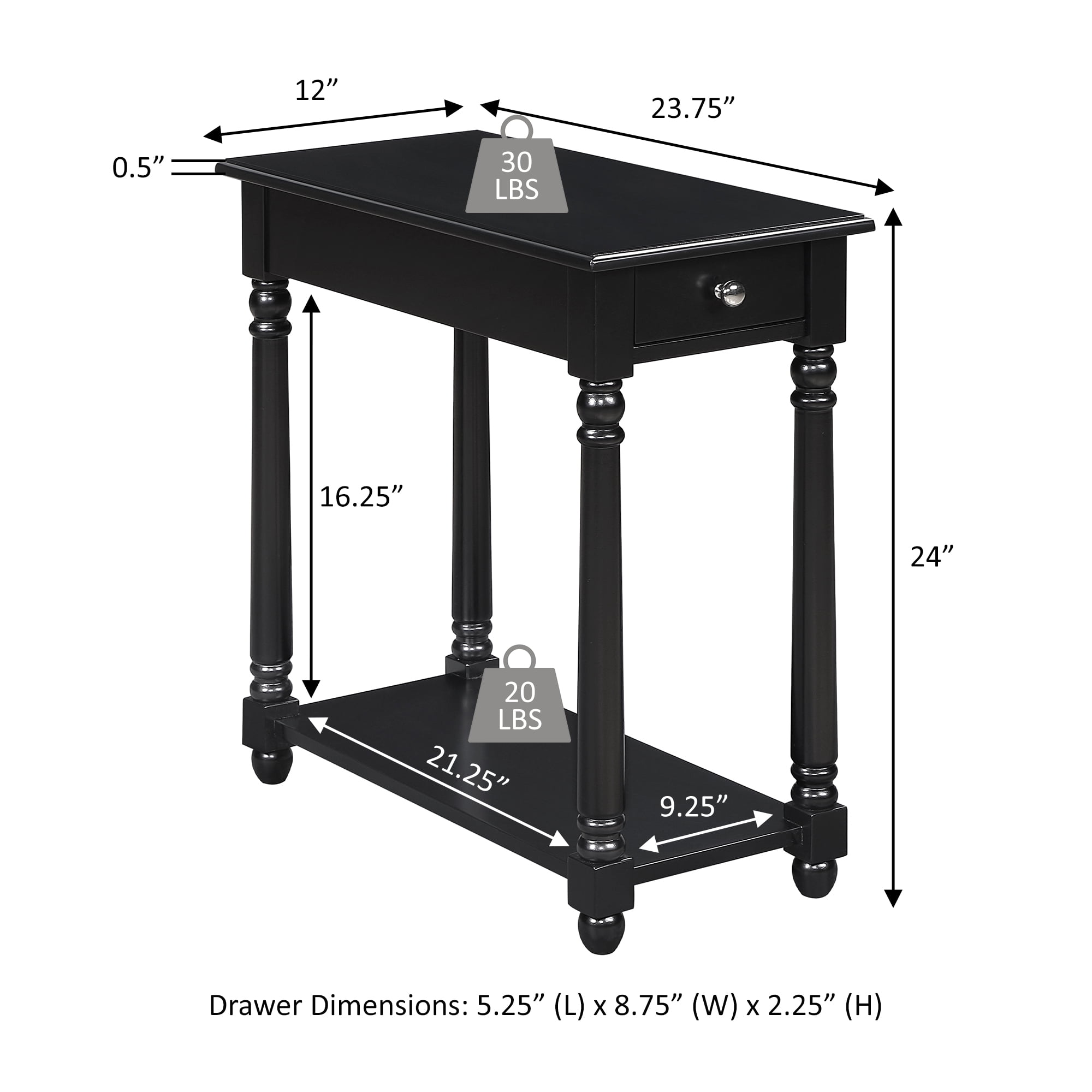 Convenience Concepts French Country Regent 1 Drawer Chairside End Table with Shelf, Black