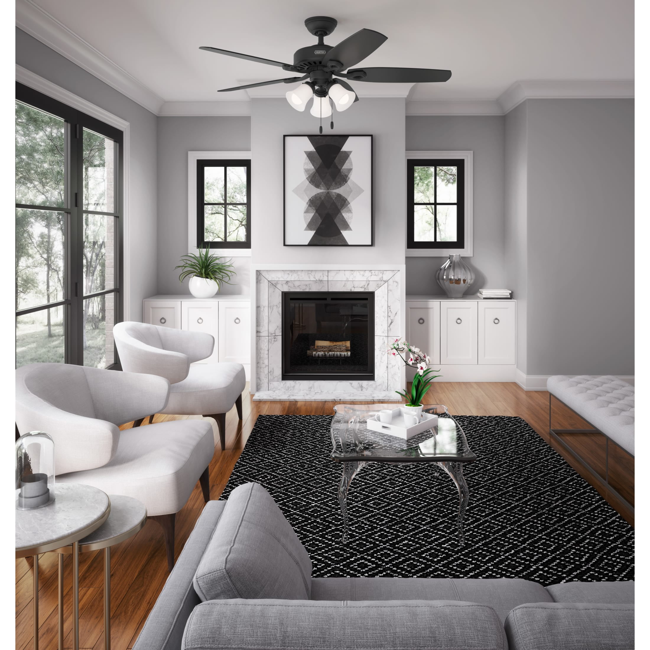 Hunter 52 inch Indoor Ceiling Fan with LED Lights - Black Ceiling Fan with Pull Chain, For Bedroom or Living Room, Standard Mount, No Remote, 5 Blades, Includes Bulbs - Builder 52731, Matte Black