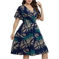 thumbnail image 2 of Puntoco Vestido De Manga Corta Con Cuello En V, Vestido De Talla Grande Estampado Con Cuello En V Y Correa En La Cintura De Manga Corta Para Mujer Azul Xxxxl, 2 of 8