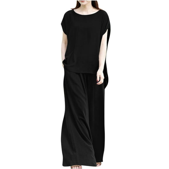 QUYUON Womens 2 Piece Outfits Casual Loose Short Sleeve Crew Neck Tops Summer Wide Leg Pants Two Piece Lounge Sets Vacation Outfits Long Trousers Pants Sets Loungewear Black 4XL