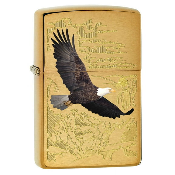 Zippo Lighter: Bald Eagle with Engraved Background - Brushed Brass 79470