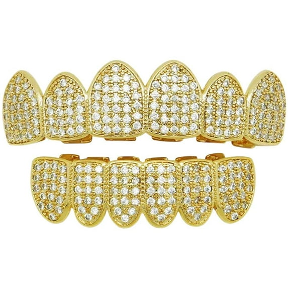 HH Bling Empire Iced Out Diamond Teeth Grillz for Men Women,Silver Gold Grills for Your Teeth Top and Bottom,Hip Hop Rapper Teeth Jewelry and Accessories (Gold)