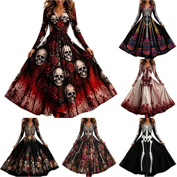 Women's Halloween Print V Neck Long Sleeve Casual Dress, Festive Party Cosplay Outfit