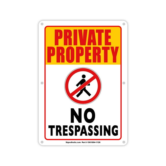 SIGNOGRAFX Private Property Sign No Trespassing, 10” x 14”, Metal Sign, Full Color Digital Printing, Easy to Install Indoor/Outdoor.