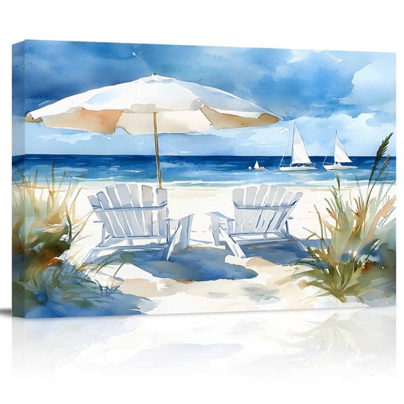 Sun Umbrella Ship Canvas Print Wall Art Watercolor Beach Chair Summer Beach Pictures Painting Morden Artwork for Living Room Bedroom, Ready to Hang - 12"x16"