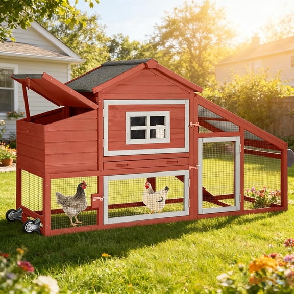 Aivituvin Large Chicken Coop with Wheels, Mobile Chicken House for Outdoor, Poultry Cage with Nesting Box, Leakproof Pull-Out Tray & UV-Resistant Roof