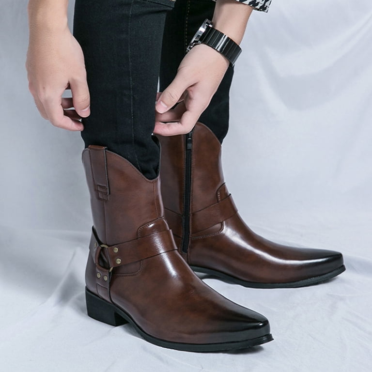 Mepaouo Men's Western Cowboy Boots Pointed Toe Motorcycle Riding Booties Formal Dress Chelsea Ankle Oxfords, Size: 7.5, Brown