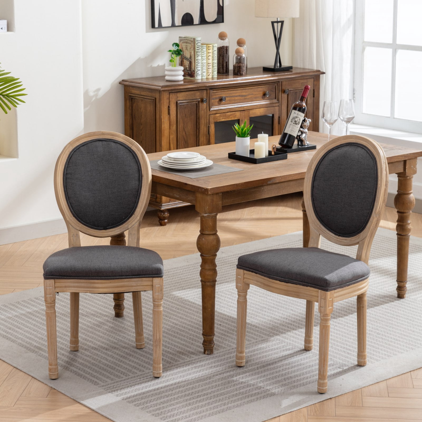 MAYEERTY French Style Dining Chair - Solid Wood Frame, Antique Painting, Linen Back, Dark Gray, Set of 2