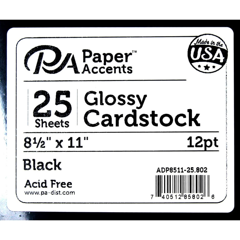 PA Paper Accents Glossy Cardstock 8.5 x 11 Black, 12pt colored cardstock  paper for card making, scrapbooking, printing, quilling and crafts, 25  piece pack 