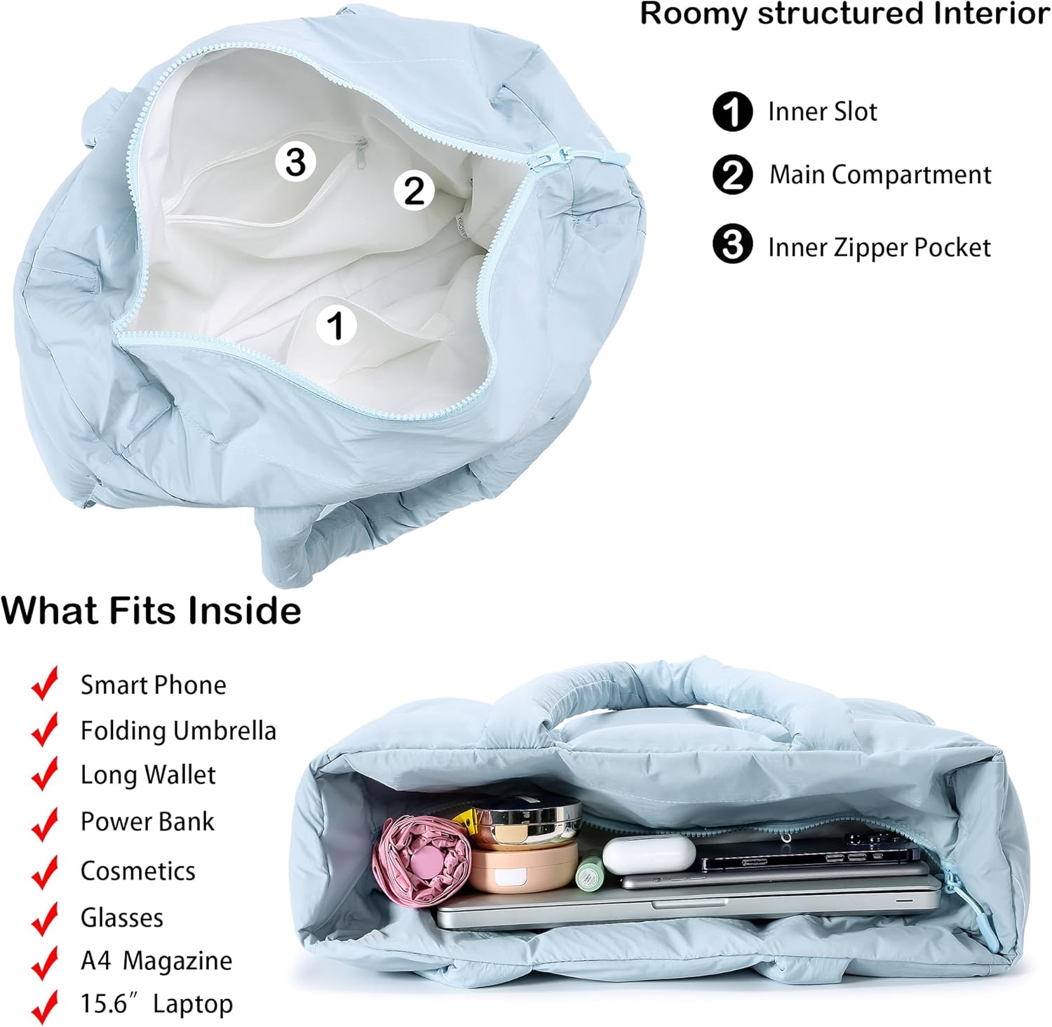 JennyShop Large Capacity Fashion Quilted Puffy Handbag, Herald Puffer Tote Bag for Women, Lightweight Satchel Purse for Working Travelling Gym Shopping