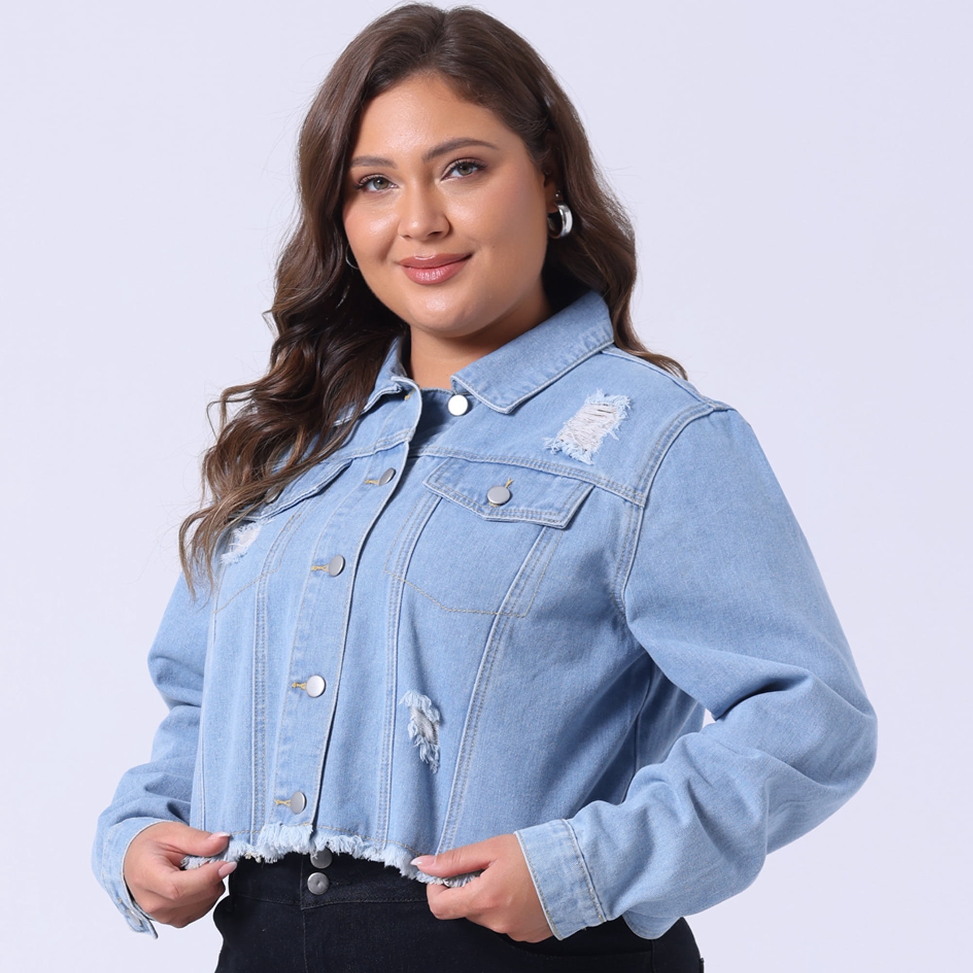 DARING DIVA Women's Plus Washed Cropped Frayed Denim Outerwear Jacket 1X Blue