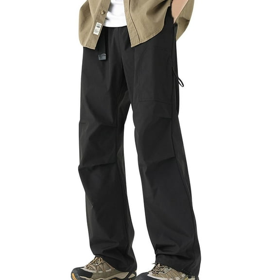 successthop Cargo Pants for Men Solid Workwear with Pockets Oversized Straight Casual Trousers Black