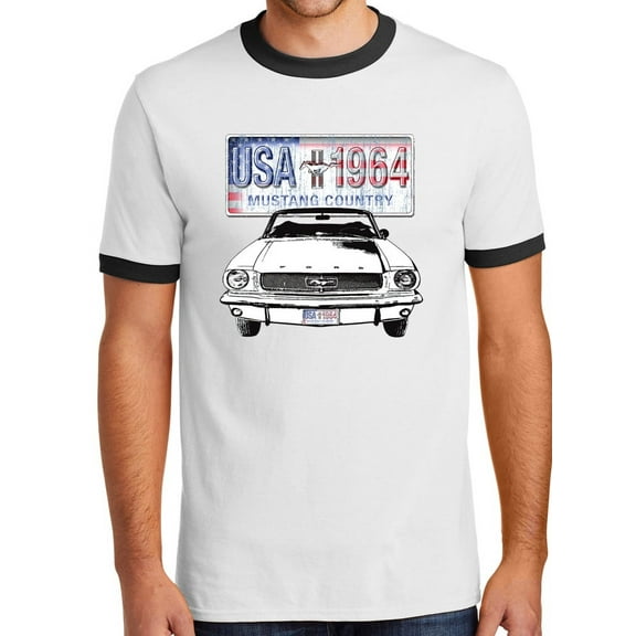 Mens Ford Mustang Country 1964 USA 100% Cotton Ringer Tee Shirt, 2XL White/Black