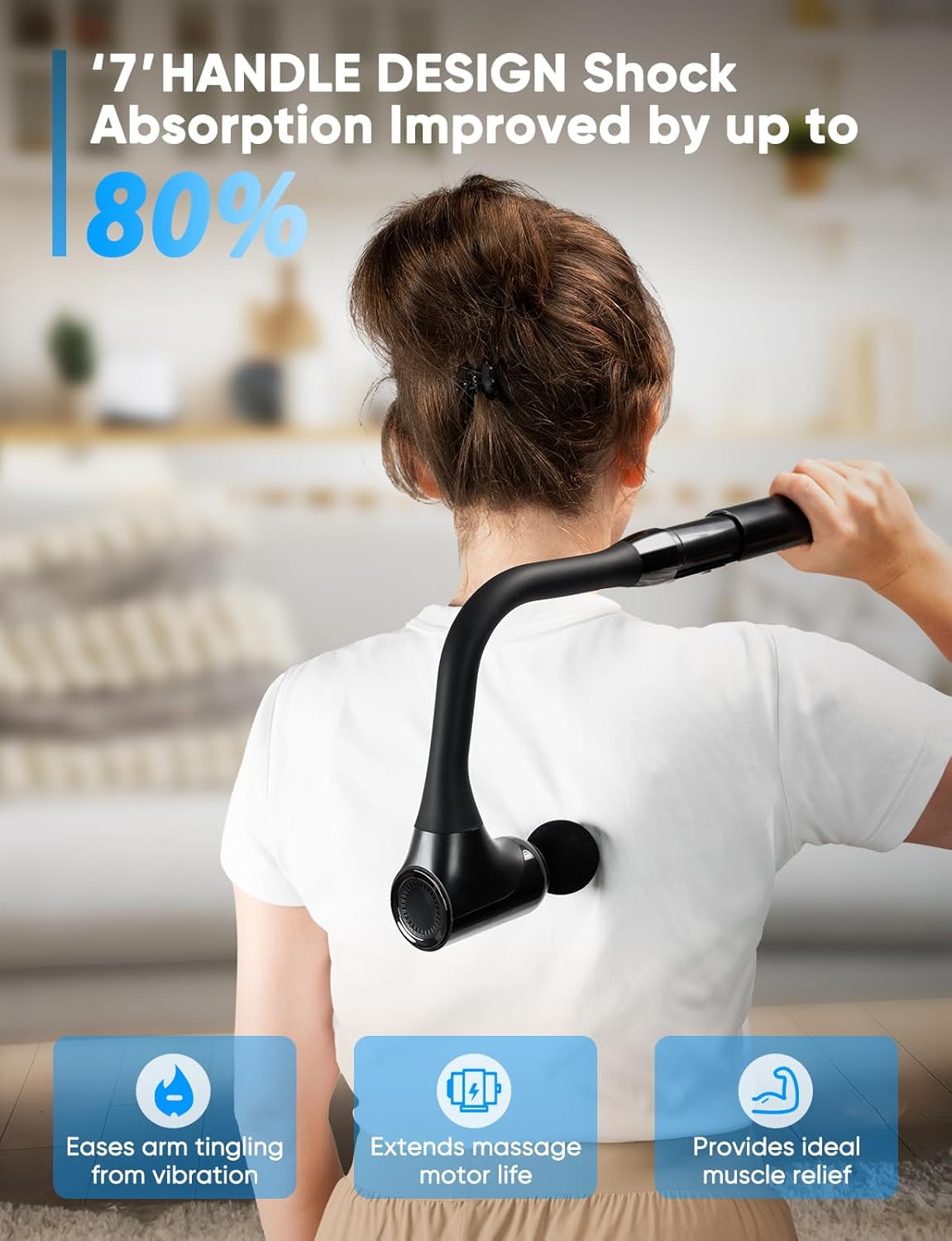 Long Handle Percussion Massager Gun, U-Shaped Back Massager for Hard-to-Reach Areas with 6 Interchangeable Heads for Full Body Muscle Relaxation