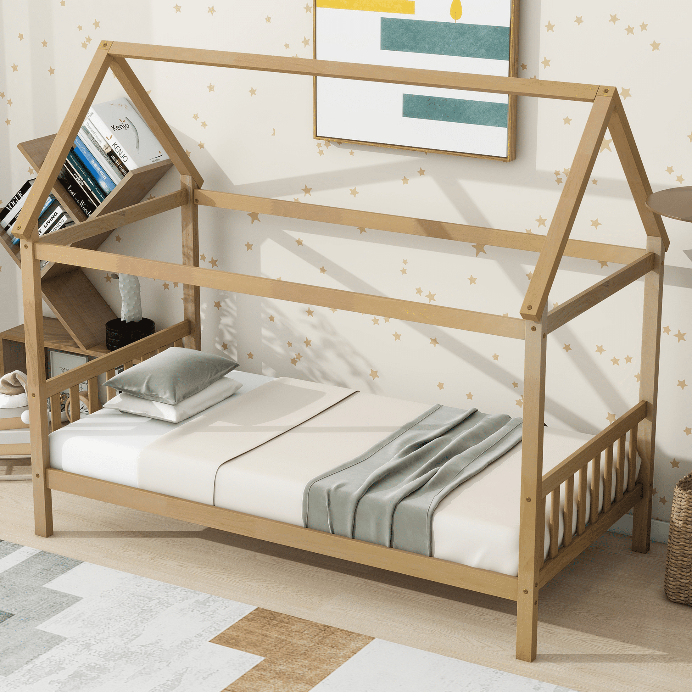 SESSLIFE House Bed with Fence, Wood House Bed, Floor Bed Frame, Twin Canopy Bed for Bedroom, No Box Spring Needed (Natural)