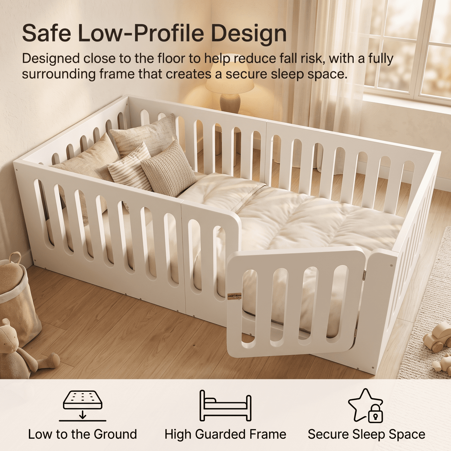 Miniyam Twin Floor Bed for Kids with Door and Guardrails, Low-Profile Wood Bed Frame, White