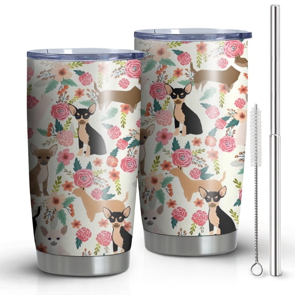 20oz Tumblers Chihuahua and Flower Florals Stainless Steel Vacuum Insulated Double Wall Travel Tumbler Cups Mug with Lid and Straw,Cleaning Brush for Cold & Hot Drinks