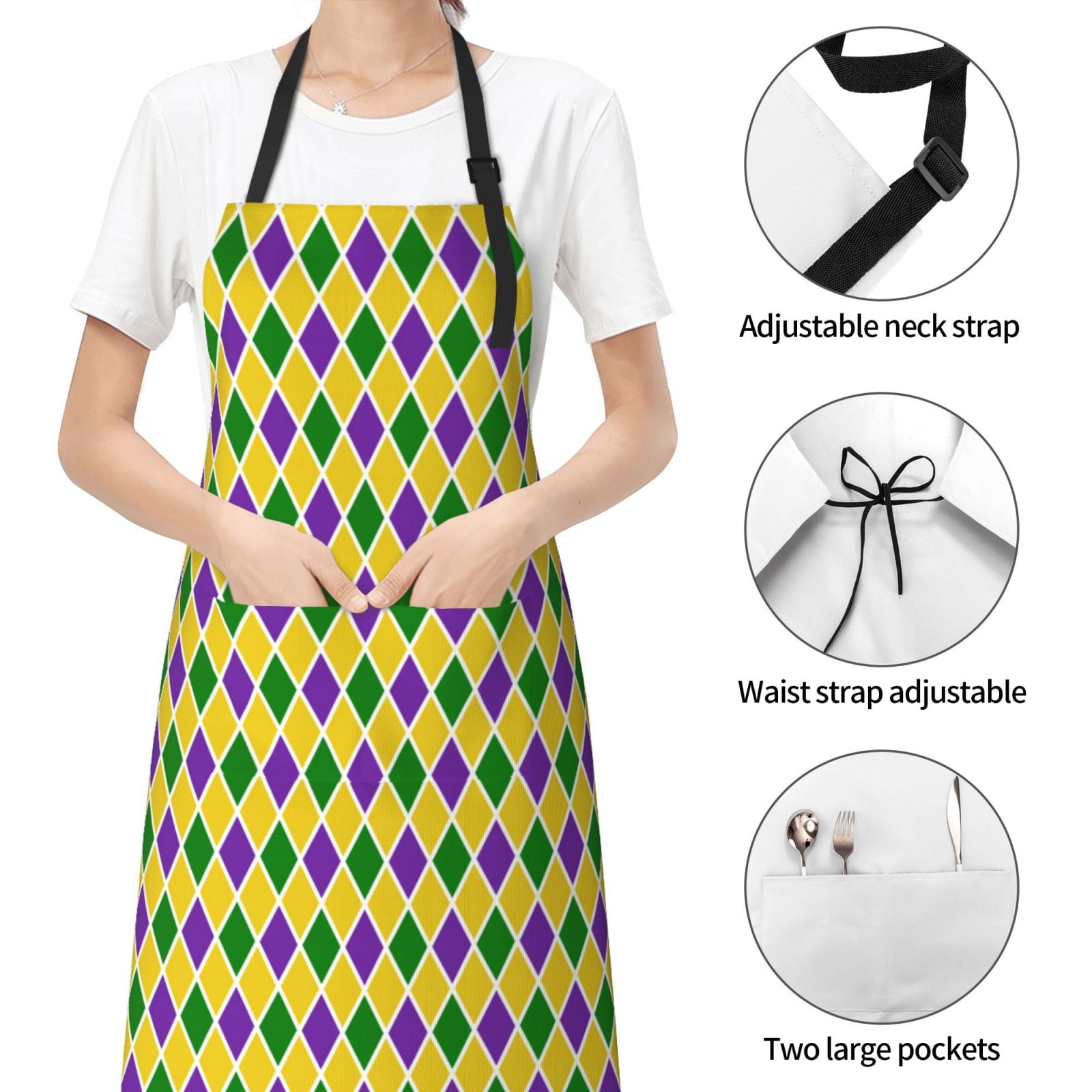 Kdxio Mardi Gras Purple Yellow Plaid Apron with Pockets Adjustable Kitchen Aprons for Men Women Waterproof Aprons for Cooking,Drawing,Crafting, Baking Household Cleaning