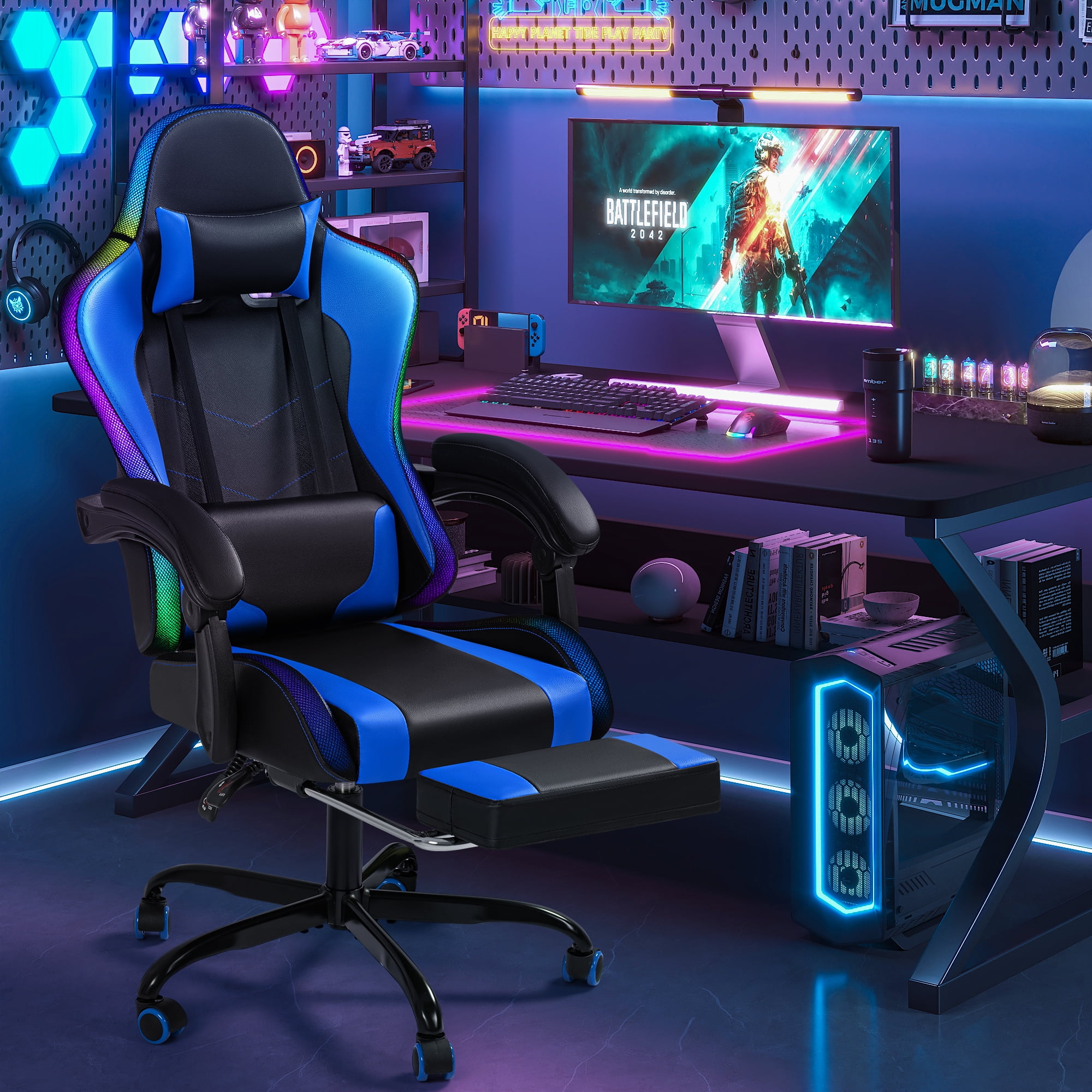 Homall RGB Gaming Chair with APP & Remote Control, LED Lights Ergonomic Computer Chair with Footrest & Massage Lumbar Support, Blue