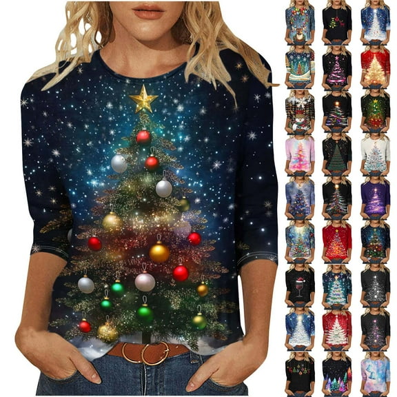 Meichang 3/4 Sleeve Tops for Women Christmas Shirts Funny Xmas Party Tree Graphic Tees Winter Holiday Crew Neck Family Party Tops Blouse