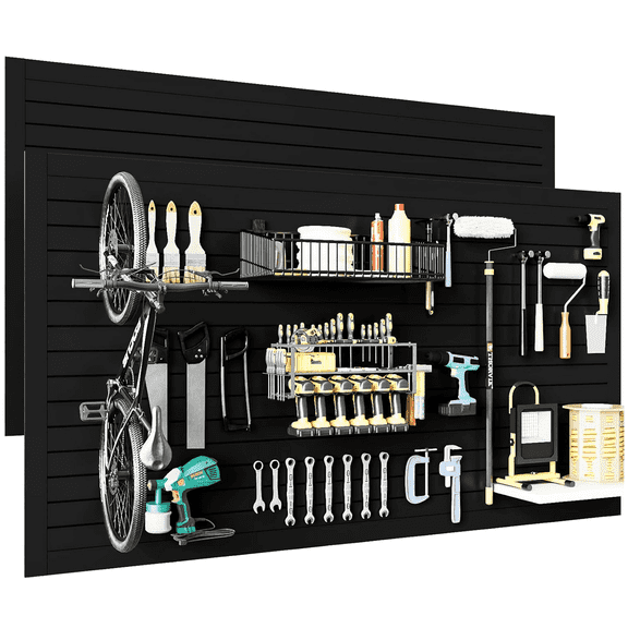 2 Pack 4 X 8 ft Slat Wall Panels Garage Wall Organizer, Heavy Duty Wall Mounted PVC Wall Hanger with 12 Hooks for Garage Wall Storage, Slatted Wall Panels, Slat Wall Shelving System - Black