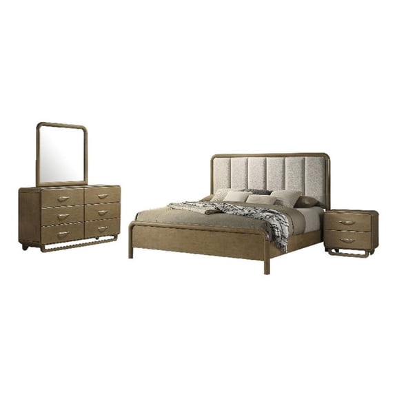 Deon 4 Piece Queen Bedroom Set-Upholstered Headboard-Brown Hardwood
