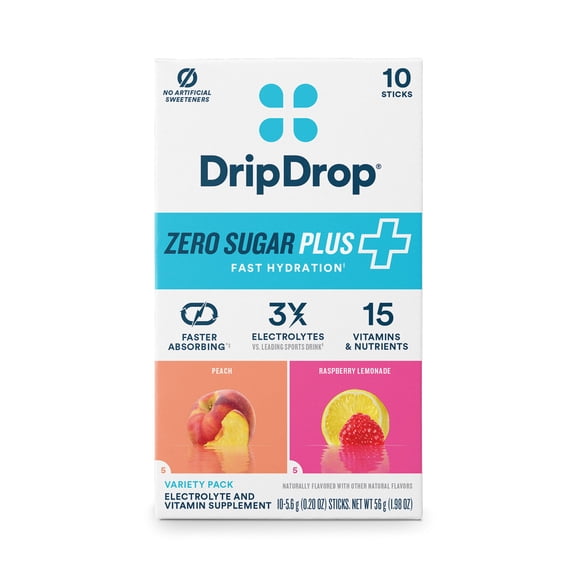 DripDrop Zero Sugar Fast Hydration - Peach and Raspberry Lemonade Electrolyte Powder Drink Mix, 10 Count