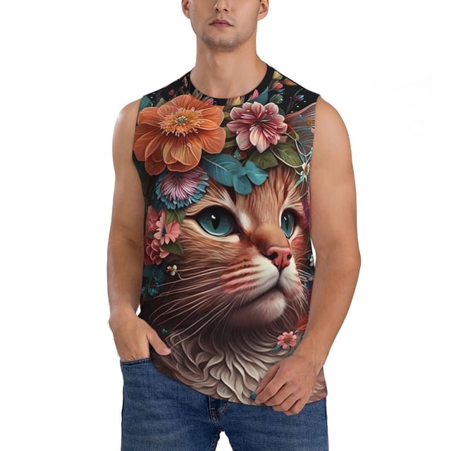 Balery Flower Crown Cat Camisetas sin mangas para hombre, absorbe la humedad y protege contra el mal olor.-Medium