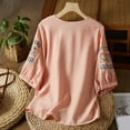 thumbnail image 4 of Busydd Womens Tops Fashion Solid Color Embroidered Button Peasant Shirts Casual 3/4 Length Sleeve Round Neck Summer Tops for Women Comfortable Loose Spring Tops, 4 of 8