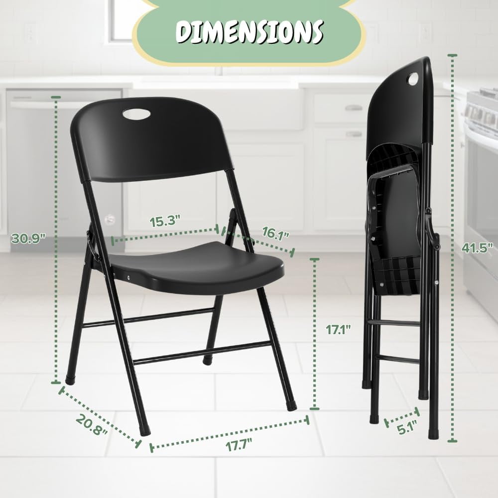 CYCLONE S·O·U·N·D Heavy Duty Plastic Foldable Chair for Adults, Portable Folding Chair for Patio, Backyard, Party, or Wedding — Comfortable Stackable Outdoor Chair, Black (8 Pack)