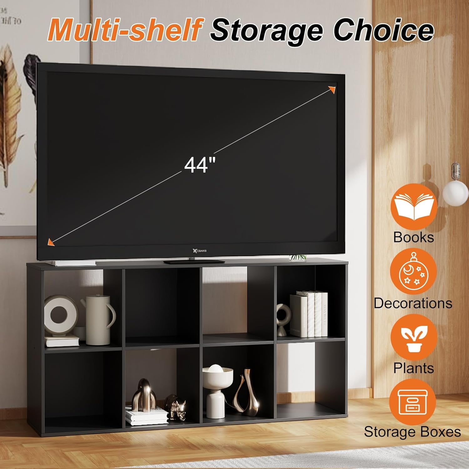 Black Cube Storage Unit, 4-tier Bookcase with 8 Cube Storage Unit, Open Display Bookcase with Removable Back Panels for Living Room, Home Office, Bedroom,