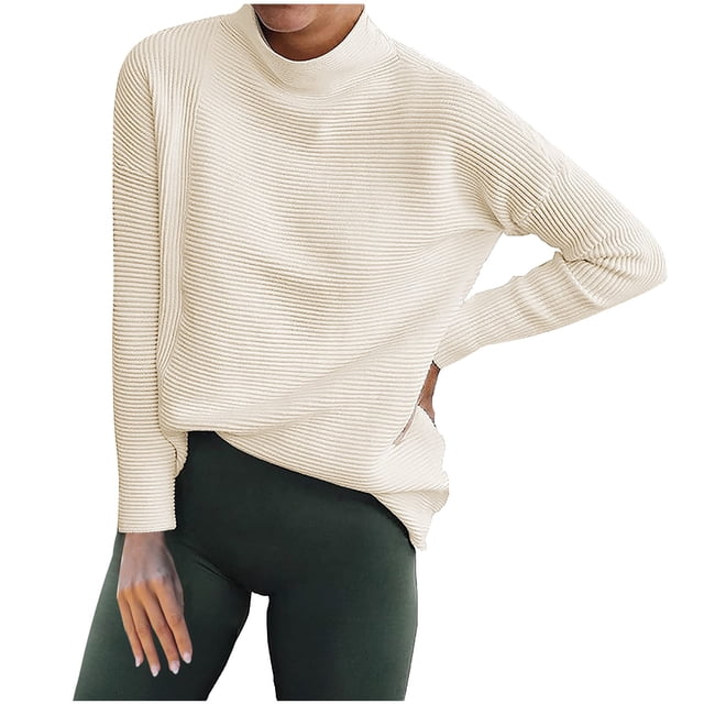Gibobby SuéTer Para Mujer Suéter sólido de otoño e invierno para mujer, suéter de manga larga con cuello simulado y manga de murciélago(Beige,G)