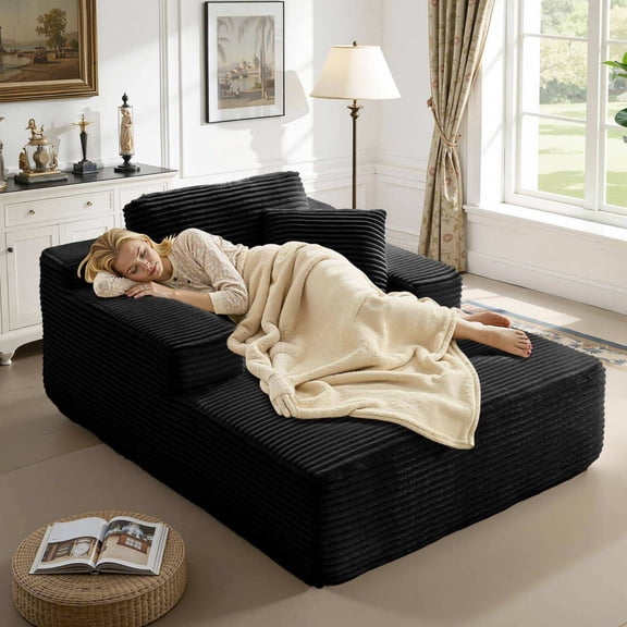 LLappuil Chaise Lounge Chair Indoor, Corduroy Boneless Sofa Bed, Deep Seat Sleeper Couch Reading Chairs, Cloud Sofas Couches for Living Room, No Assembly Required Black