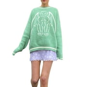 FOCUSNORM Women's Y2k Long Sleeve V Neck Skeleton Print Loose Knit Pullover Sweater 90s Streetwear