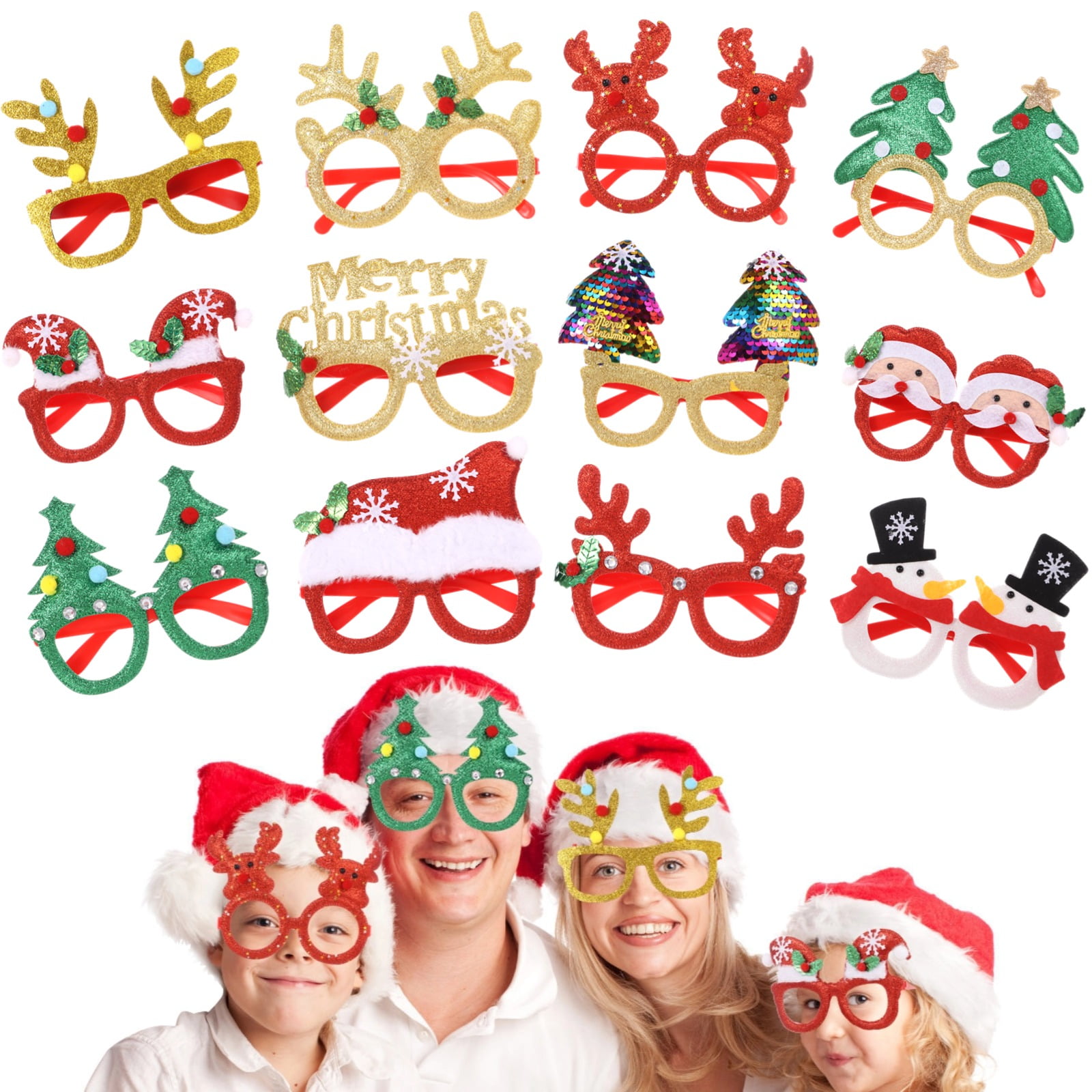 12 Pcs Christmas Party Glasses Christmas Glitter Eyeglasses Novelty Glasses Frames Cute Christmas Party Favors Party Photo Props for Xmas Holiday