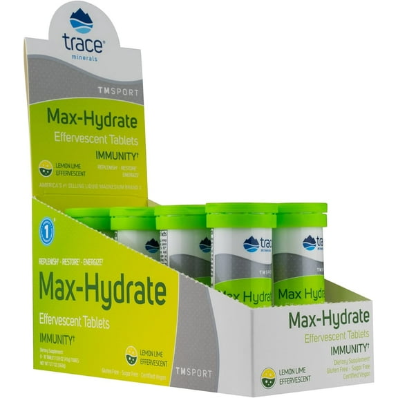 Trace Minerals | MAX Hydrate Immunity | High Performance Electrolyte Fizzing, Immune Support | Magnesium, Sodium, Potassium, Vitamin C Non GMO | Lemon Lime | 8 Tubes of 10 Tablets
