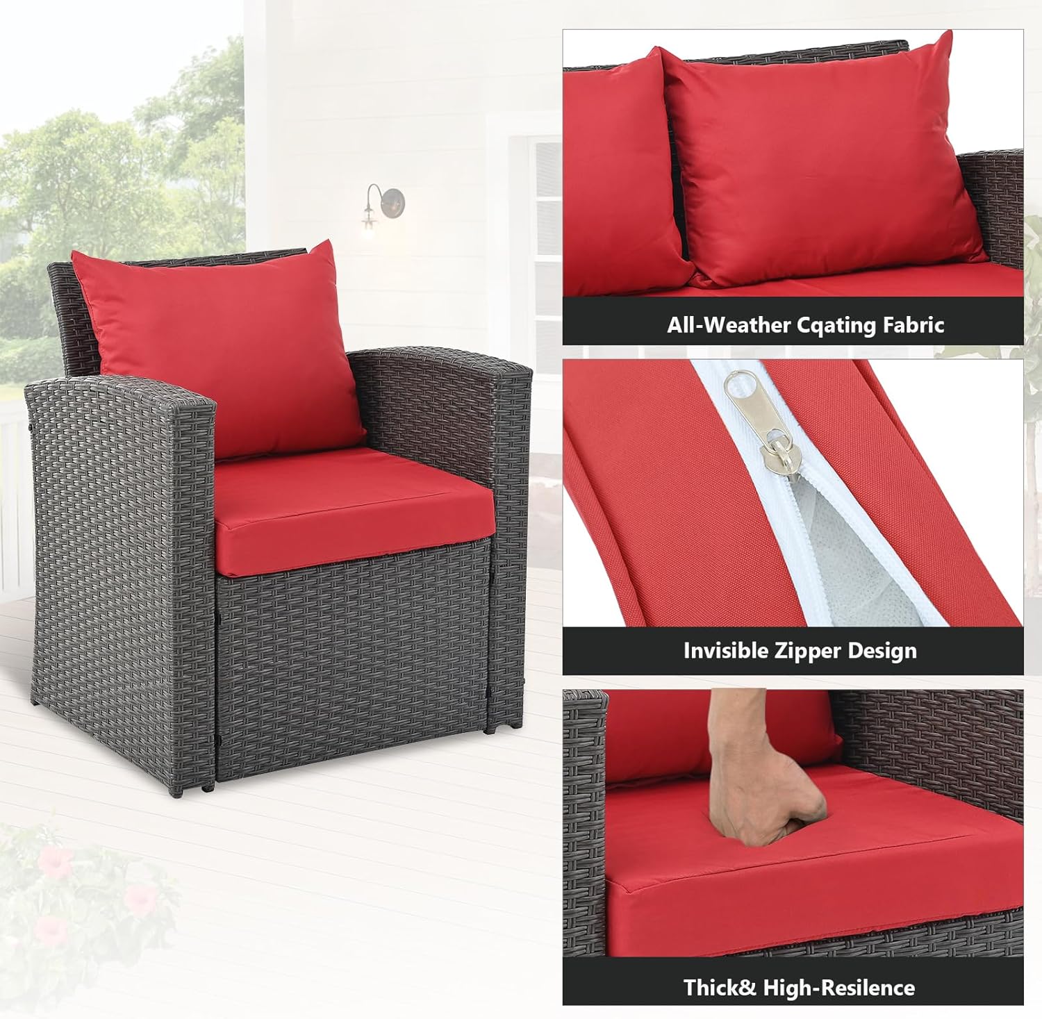 4 Piece Outdoor Patio Furniture Sets All Weather Outdoor Sofa PE Garden Furniture Wicker Rattan Patio Conversation Set with Coffee Table, Red Cushion
