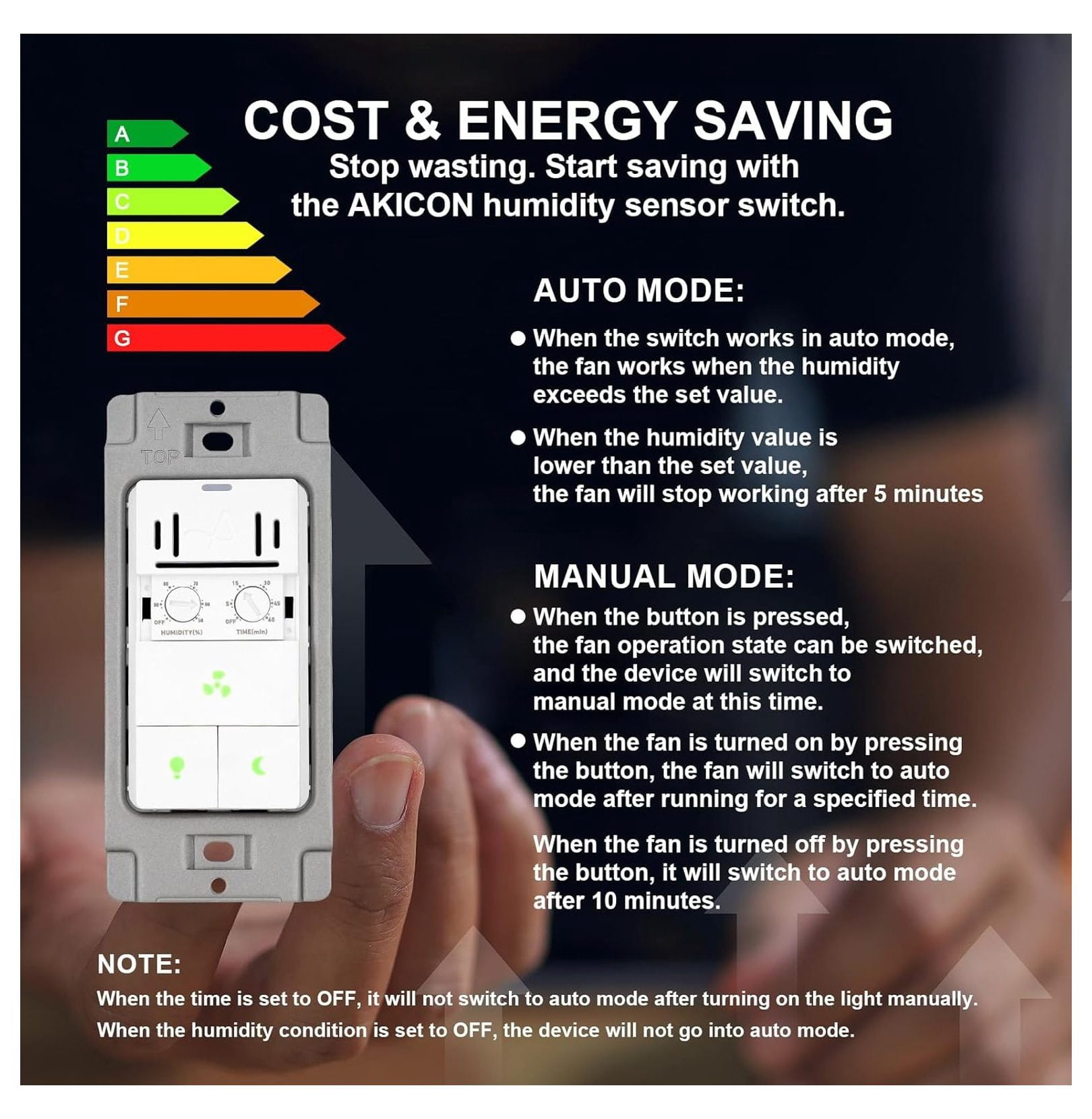 Humidity Sensor Switch for Bathroom Exhaust Fan with Light, LED Light, Night Light, Ventilation Fan, Air Moisture Control, Timer Switch for Bathroom Fan, UL Listed, White