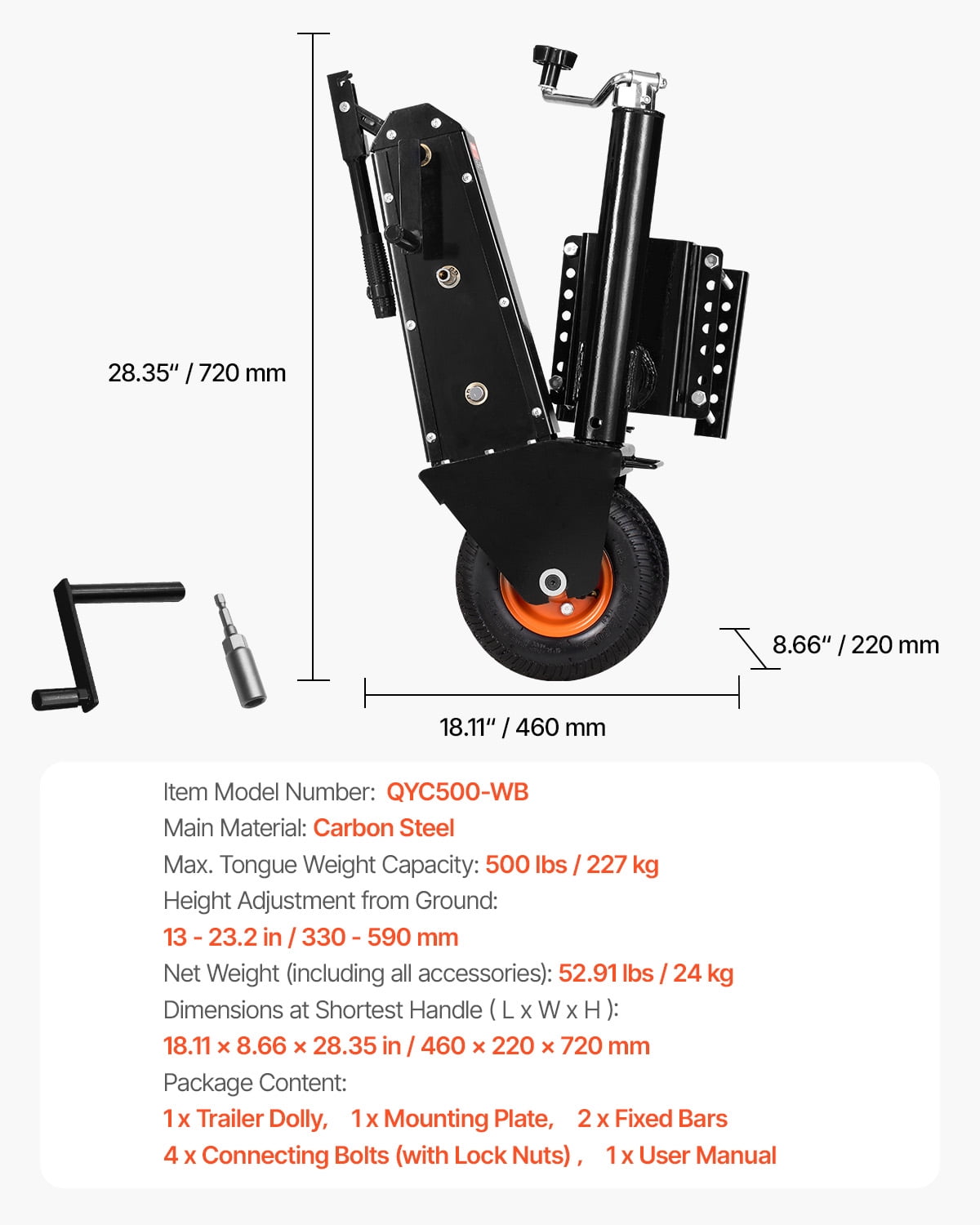 VEVOR Trailer Dolly, 500lbs Tongue Weight Capacity, 13 inch-23.2 inch Height Adjustable Trailer Mover Dolly, 9-inch Pneumatic Rubber Tire, Manual or Electric Wrench Drive, for Moving RV Trailer