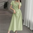 thumbnail image 2 of New Summer Arrivals SMihono Womens Dress Hollow Out Crew Neck Short Puff Sleeves Solid Fold Dresses Summer Elegant Tunic Long Dresses Green XL, 2 of 4
