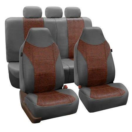 Side Split Full Leather FH Group Gray and Brown Textured Leather Seat Covers, Side Airbag Compatible, with Split Bench Function, Full Set. ()