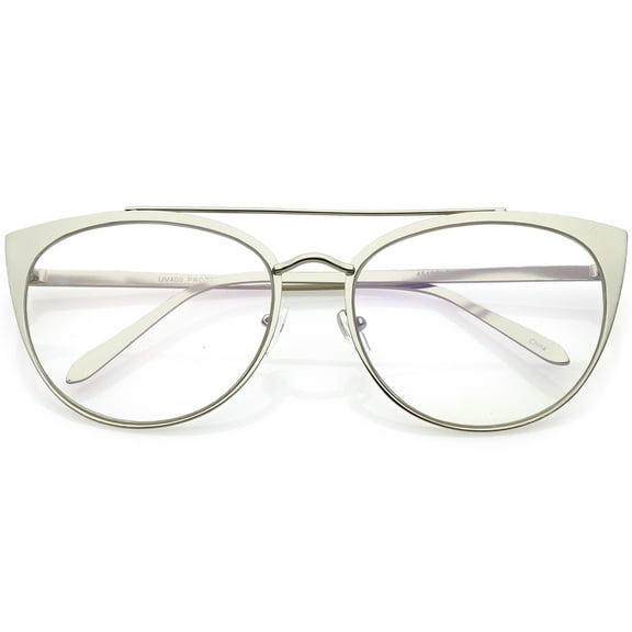 Women's Oversize Metal Cat Eye Glasses Crossbar Round Clear Flat Lens 61mm (Silver / Clear)