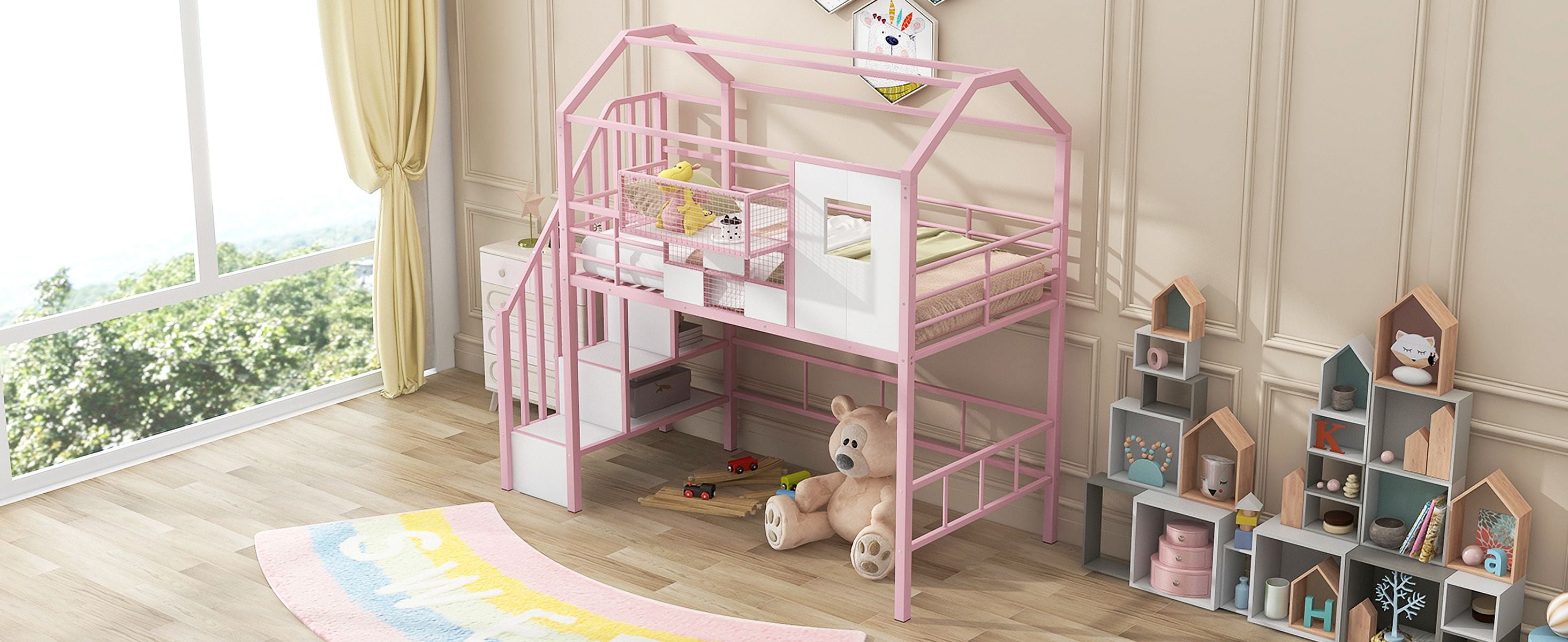 Mintazer House Loft Bed with Roof & Storage Compartment, Metal Loft Bed with Staircase & Guardrails, Pink