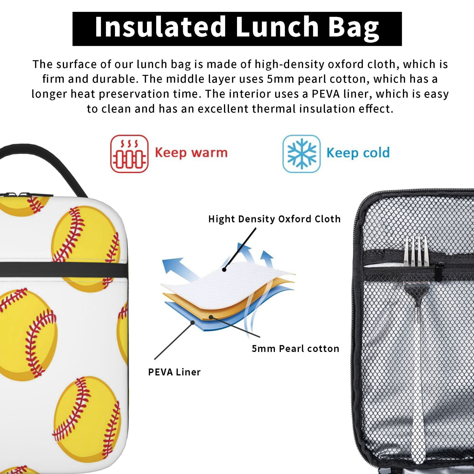Lunch Bag For Women Men Insulated Portable Lunch Box Bento Box Office Picnic Travel Cooler Bag Yellow Softballs With Red Stitching Clean White Background (3)
