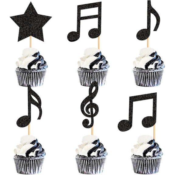 Music Note Cupcake Toppers, Black Glitter, Musical Symbol Picks, Birthday, Wedding, Baby Shower Party Decorations, 12 Pack