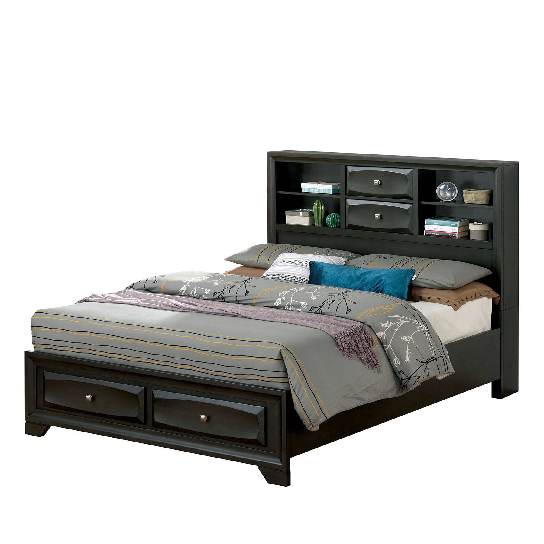 Transitional California King Bed with Bookcase Headboard and 4 Drawer