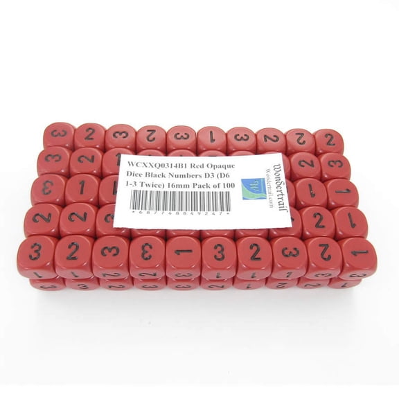 Red Opaque Dice with Black Numbers D3 (D6 1-3 Twice) 16mm (5/8in) Pack of 100 Wondertrail