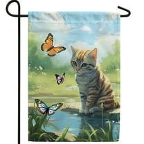 America Forever Orange Tabby Cat Spring Garden Flag 12.5 x18 inch Double Sided Kitty Floral Butterfly Pond Summer Spring Garden Flag for Outdoor Cat Flag Yard Decoration