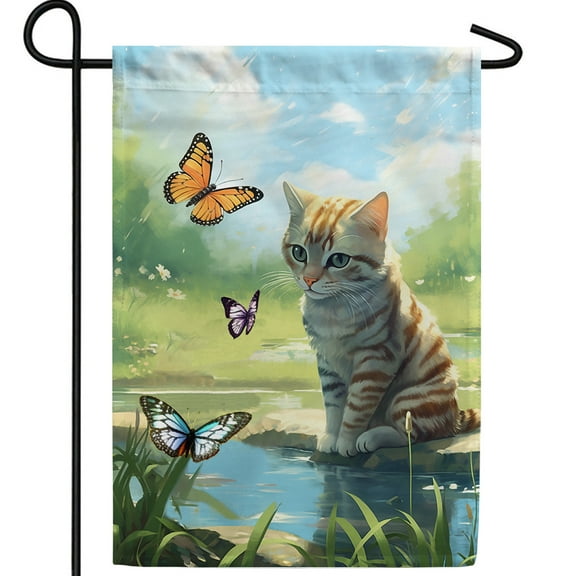 America Forever Orange Tabby Cat Spring Garden Flag 12.5 x18 inch Double Sided Kitty Floral Butterfly Pond Summer Spring Garden Flag for Outdoor Cat Flag Yard Decoration